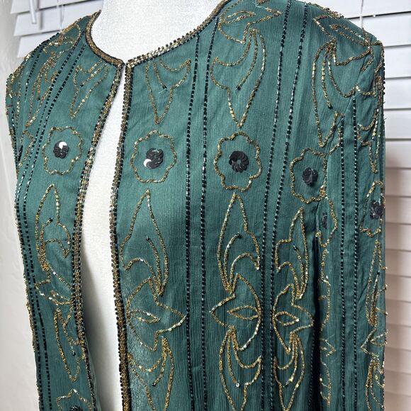 Emerald Beaded Jacket Vintage Gatsby Gold Sequins Formal Party/ Holiday SZ Large - Picture 3 of 9